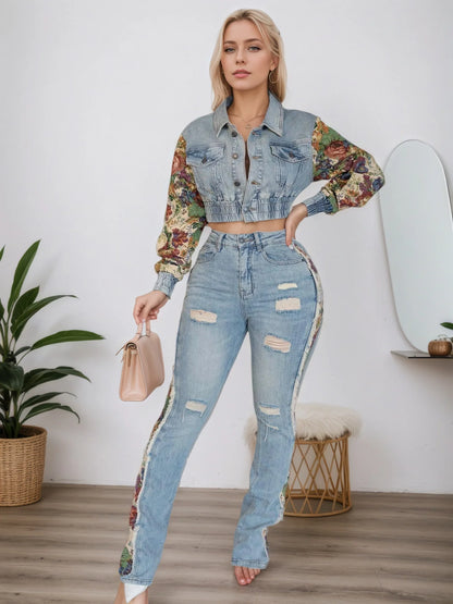 Women's Retro Denim Patchwork Two-Piece Suit
