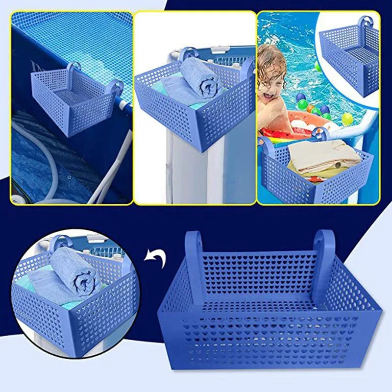 Poolside Storage Basket with Built-In Cup Holders for Above-Ground Pools
