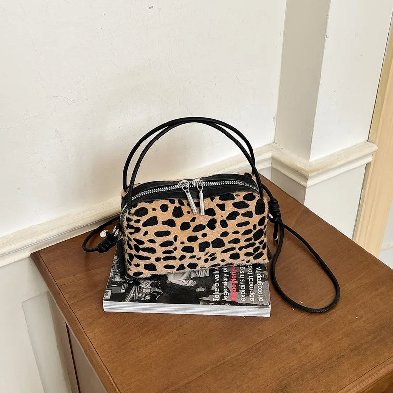 Velvet Patchwork Leopard Print Women's Crossbody Handbag