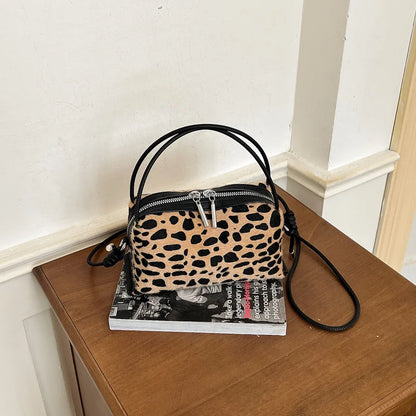Velvet Patchwork Leopard Print Women's Crossbody Handbag