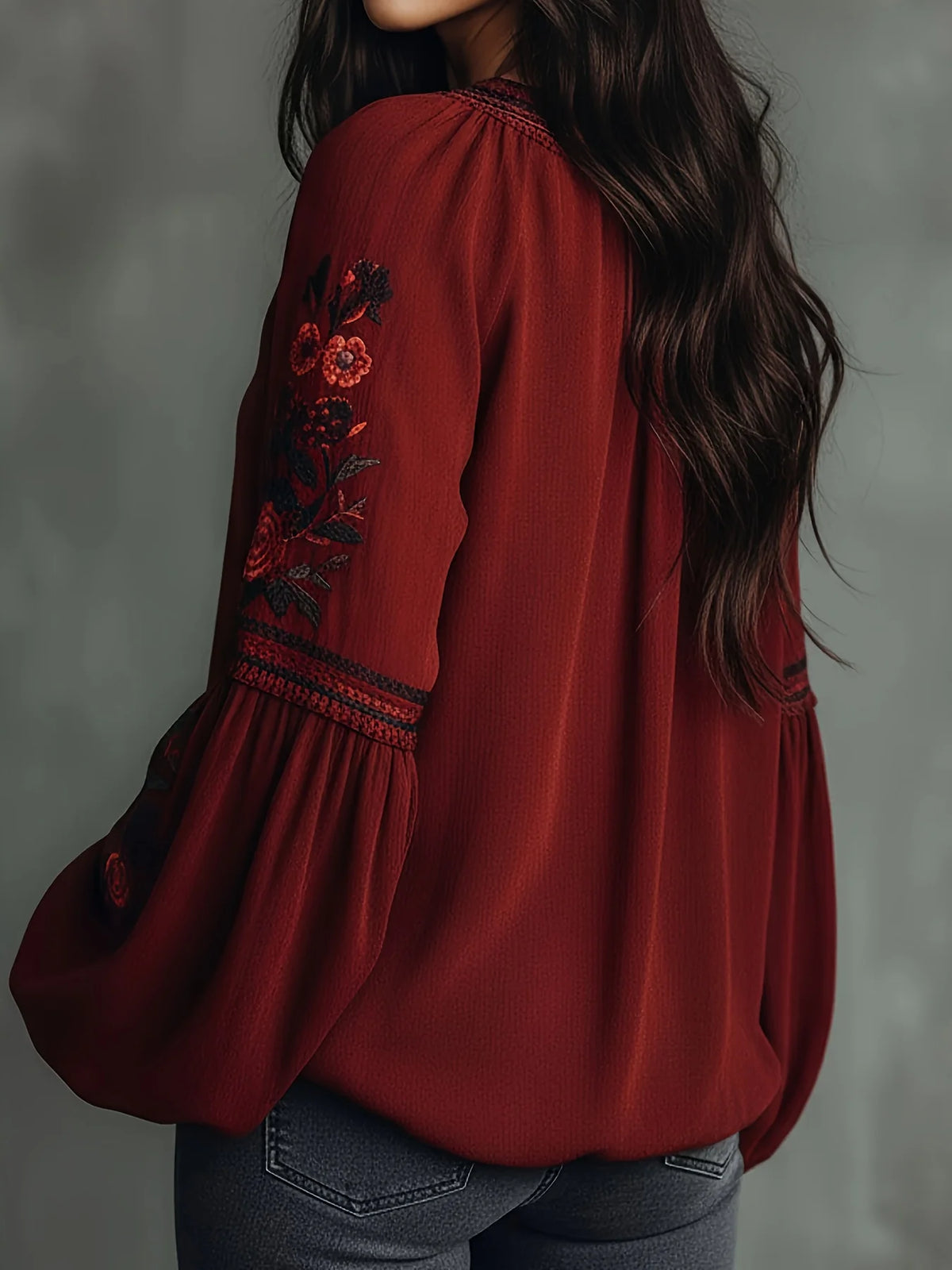 Women’s Plus Size Boho Floral Embroidery Blouse – Lantern Sleeve Loose Pullover Top