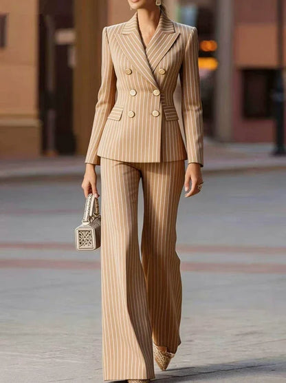 Women's Elegant Striped Double-Breasted Blazer & Wide-Leg Pants 2-Piece Suit Set