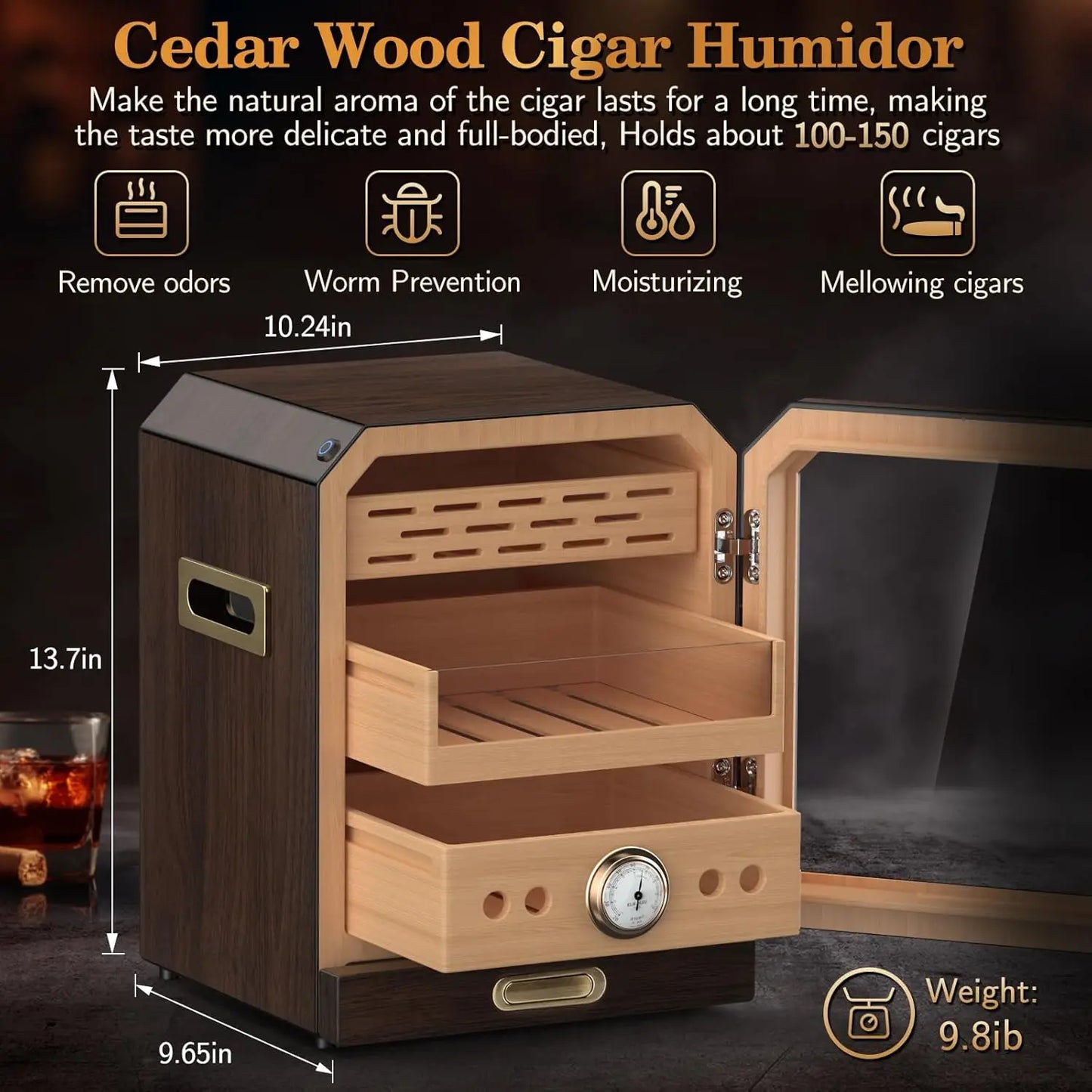 Lighted Control Magnetic Door with Cigar Accessory Drawer and 2 Humidifiers