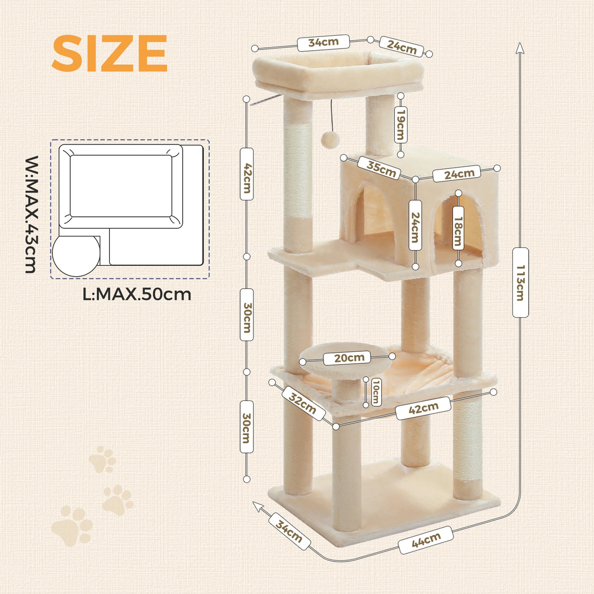 PEQULTI 5-Level Cat Tree Tower (113 cm) with Sisal Scratching Posts, Condo & Hammock