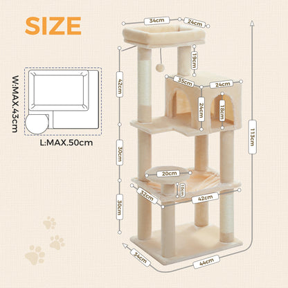 PEQULTI 5-Level Cat Tree Tower (113 cm) with Sisal Scratching Posts, Condo & Hammock