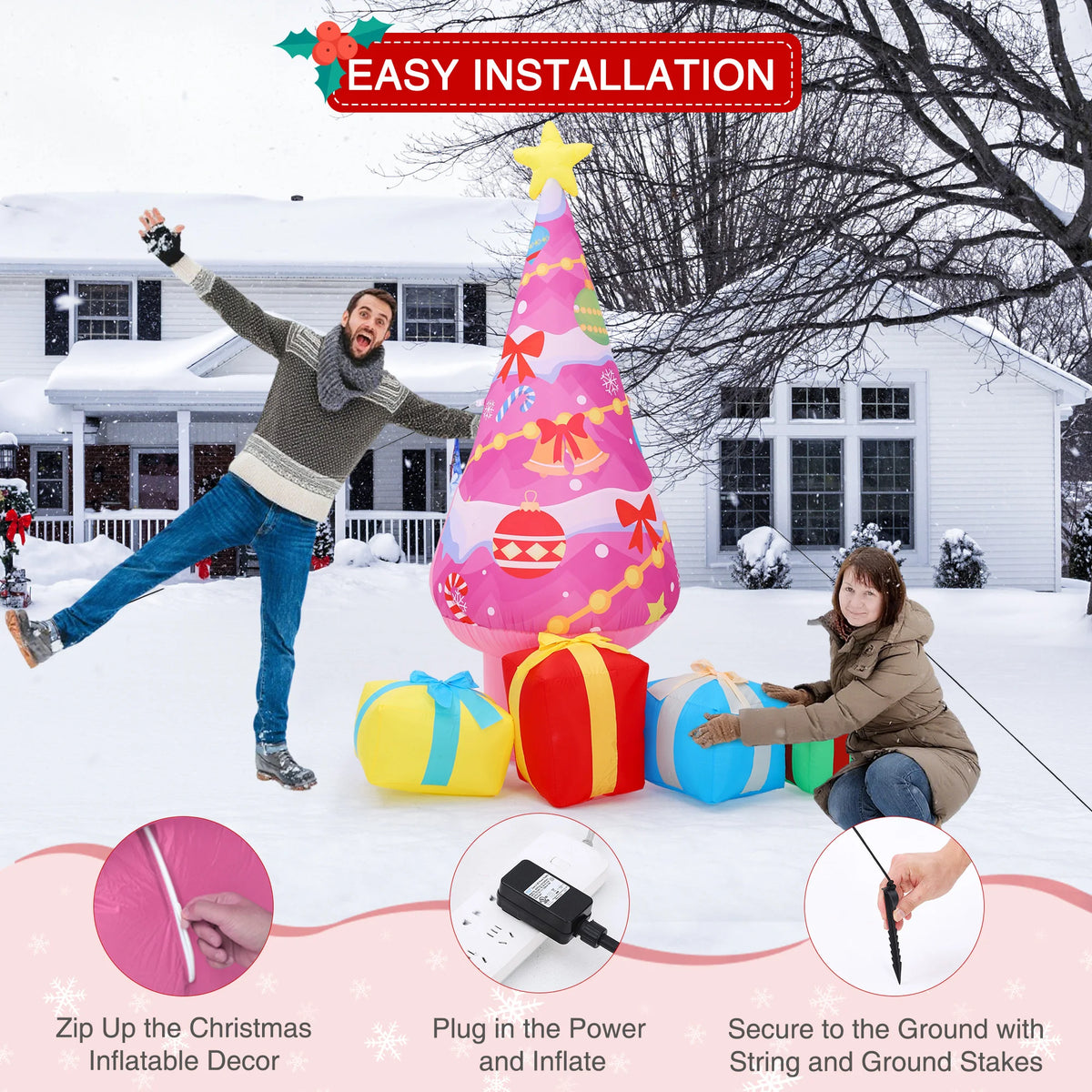7FT Inflatable Pink Christmas Tree with LED Lights & Gift Boxes