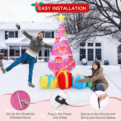 7FT Inflatable Pink Christmas Tree with LED Lights & Gift Boxes