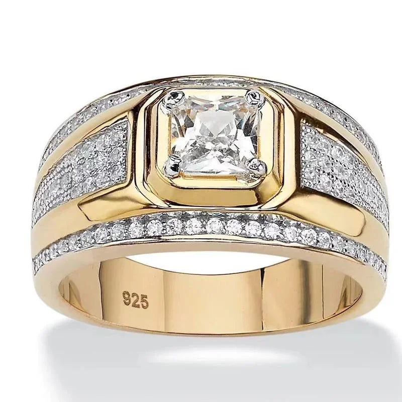 Classic Gold Plated Domineering Square Cut White Zircon Ring