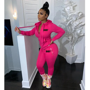 Body Letter Piece Zipper Fly Hoodie and Pants Set