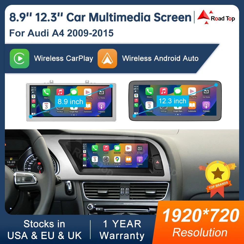 Road Top 8.9" / 12.3" Touchscreen Multimedia Display for Audi A4 S4 (2009–2015) with Wireless CarPlay & Android Auto