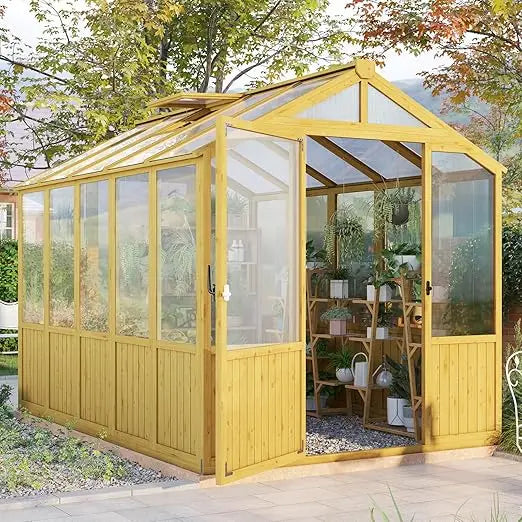 6x8x6.5ft Pre-assembled Cedar Wood Frame Greenhouse with Lockable Door Adjustable Roof Vents