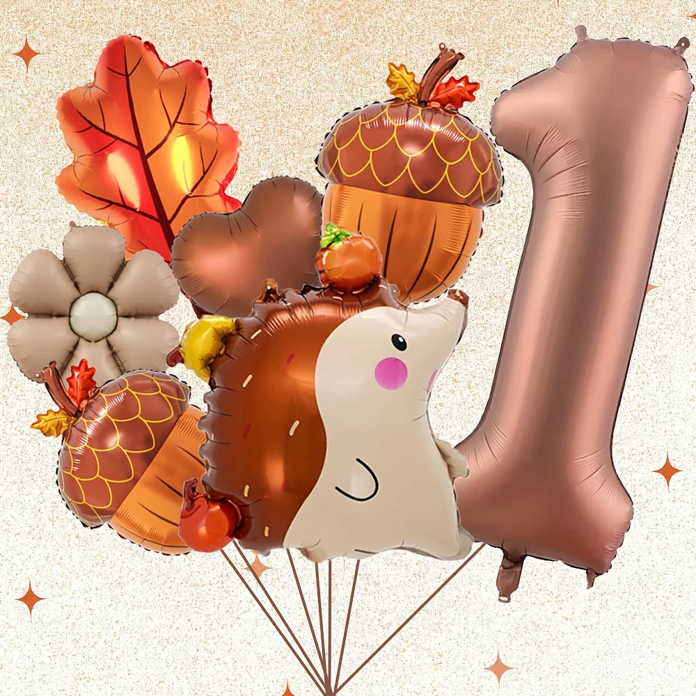 7Pcs Autumn Pinecone Hedgehog Balloon Set - 32 Inch Brown Number 1-9 Thanksgiving & Birthday Decor