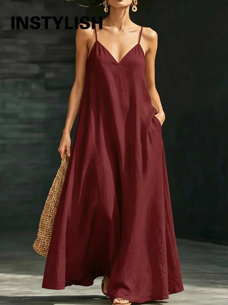 Women’s Casual V-Neck Spaghetti Strap Maxi Dress – Loose Swing Summer Beach Sundress