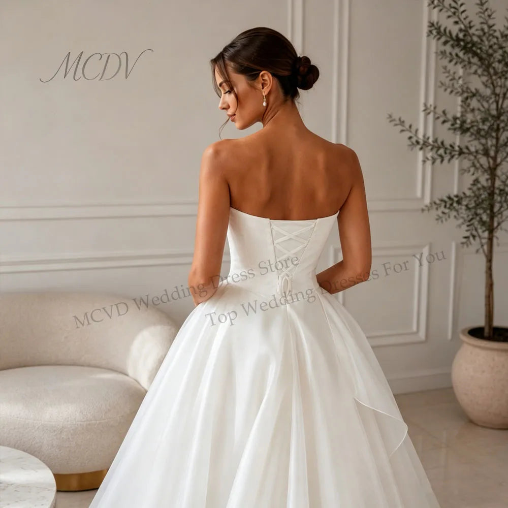 Elegant Strapless Organza A-Line Midi Wedding Dress – Civil Bridal Gown