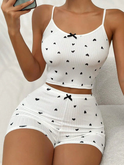 Heart Print Casual Backless Crop Cami Top & High Waist Shorts 2Pce Loungewear Set