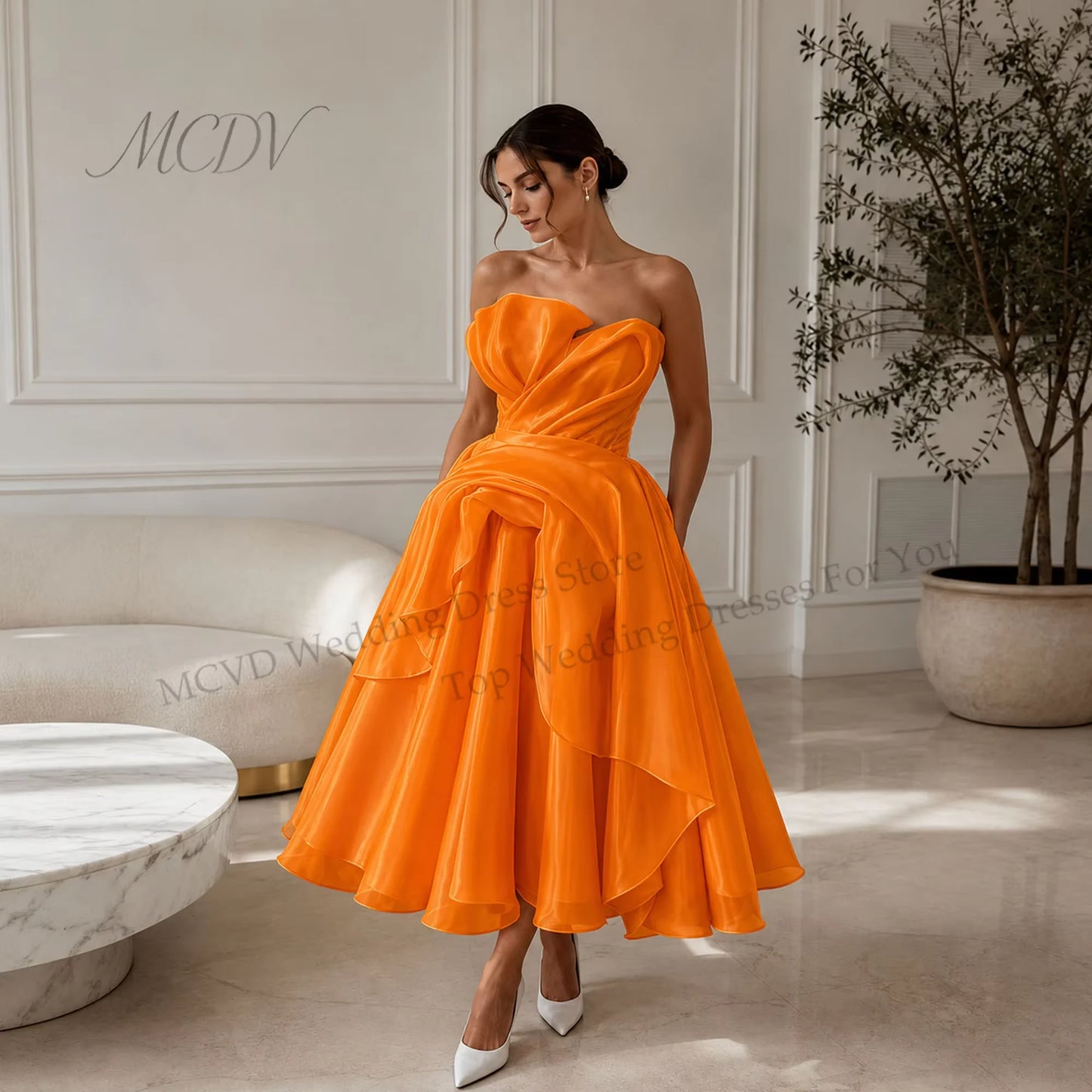 Elegant Strapless Organza A-Line Midi Wedding Dress – Civil Bridal Gown