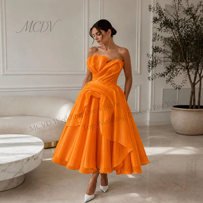 Elegant Strapless Organza A-Line Midi Wedding Dress – Civil Bridal Gown
