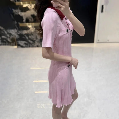 French Elegant Color Block Collar Short Sleeve Dress
