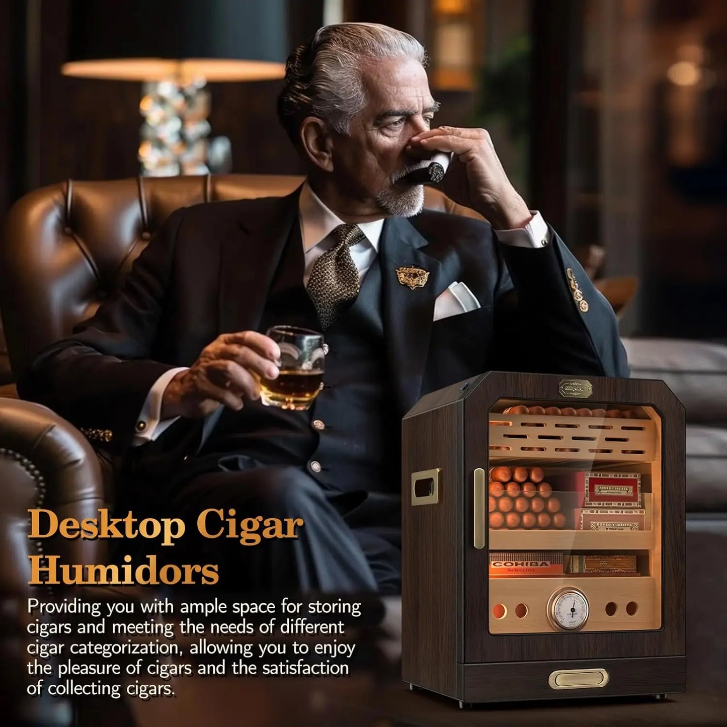 Lighted Control Magnetic Door with Cigar Accessory Drawer and 2 Humidifiers