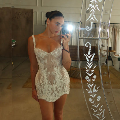 Spaghetti Strap Floral Lace Mini Wedding Dress with Sweetheart Neckline