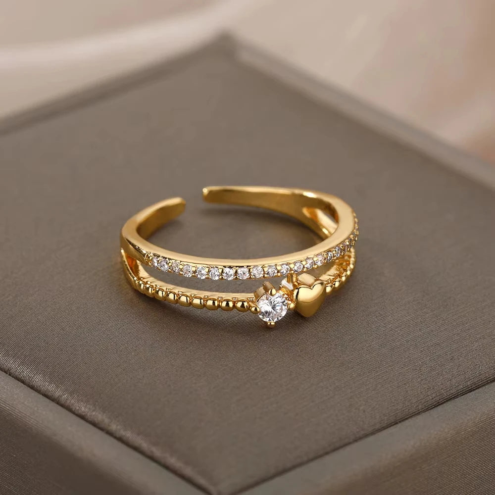 18K Gold Plated Zircon Geometric Open Ring – Trendy Waterproof Stainless Steel Jewelry