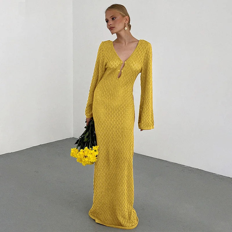 Women's Deep V-Neck Backless Knit Beach Cover-Up Dress