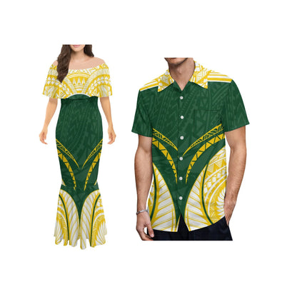 Polynesian Tribal One-Shoulder Mermaid Dress & Matching Men's Shirt