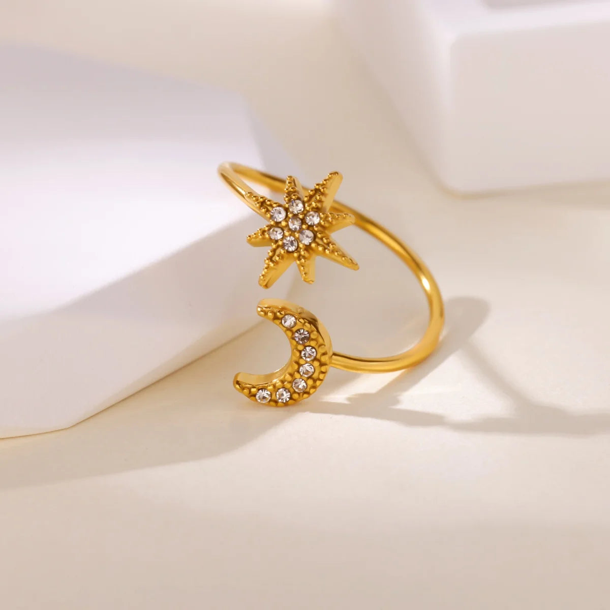 18K Gold Plated Zircon Geometric Open Ring – Trendy Waterproof Stainless Steel Jewelry