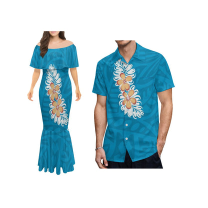 Polynesian Tribal One-Shoulder Mermaid Dress & Matching Men's Shirt