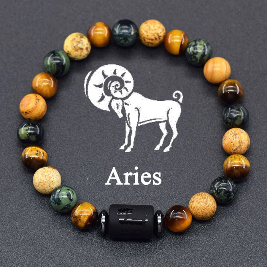 Natural Tiger Eye 12 Zodiac Bead Bracelet