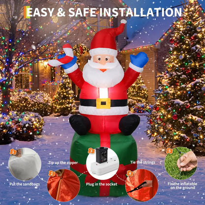 6FT Inflatable Santa Claus Sitting on Gift Box with Candy Cane