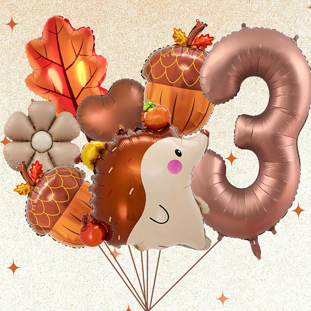 7Pcs Autumn Pinecone Hedgehog Balloon Set - 32 Inch Brown Number 1-9 Thanksgiving & Birthday Decor
