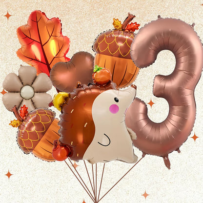 7Pcs Autumn Pinecone Hedgehog Balloon Set - 32 Inch Brown Number 1-9 Thanksgiving & Birthday Decor