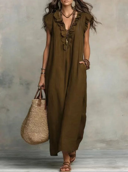 Women's Boho V-Neck Sleeveless Ruffle Solid Color Maxi Dress
