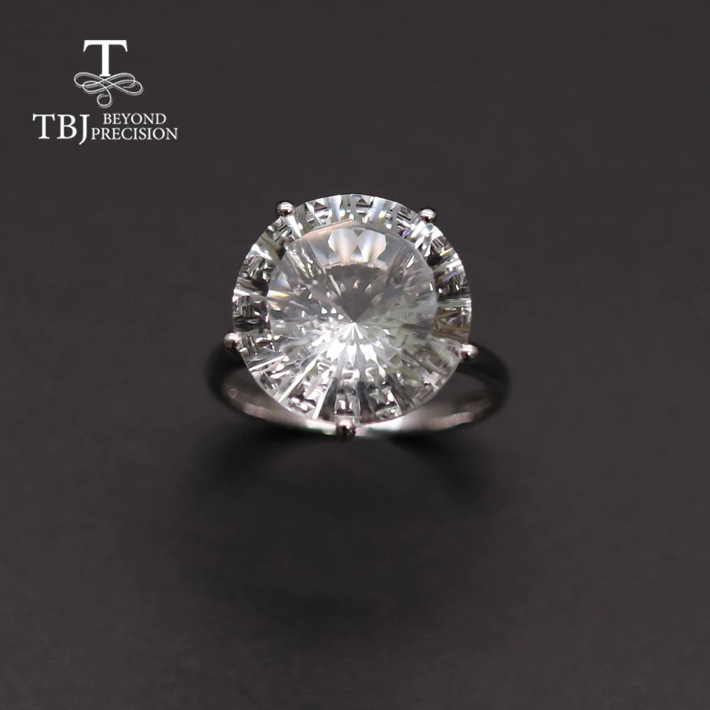 14K White Gold Natural White Quartz Gemstone Ring - 15mm Round Cut Solitaire
