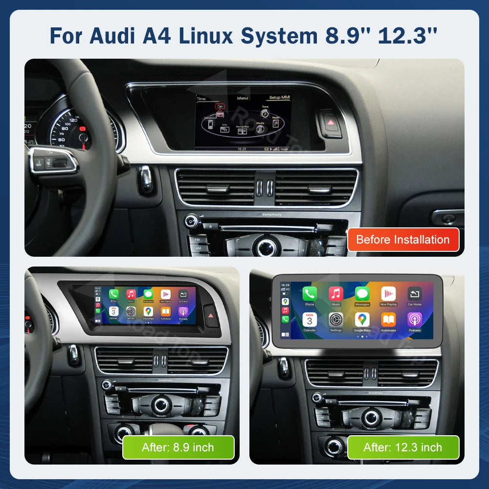Road Top 8.9" / 12.3" Touchscreen Multimedia Display for Audi A4 S4 (2009–2015) with Wireless CarPlay & Android Auto