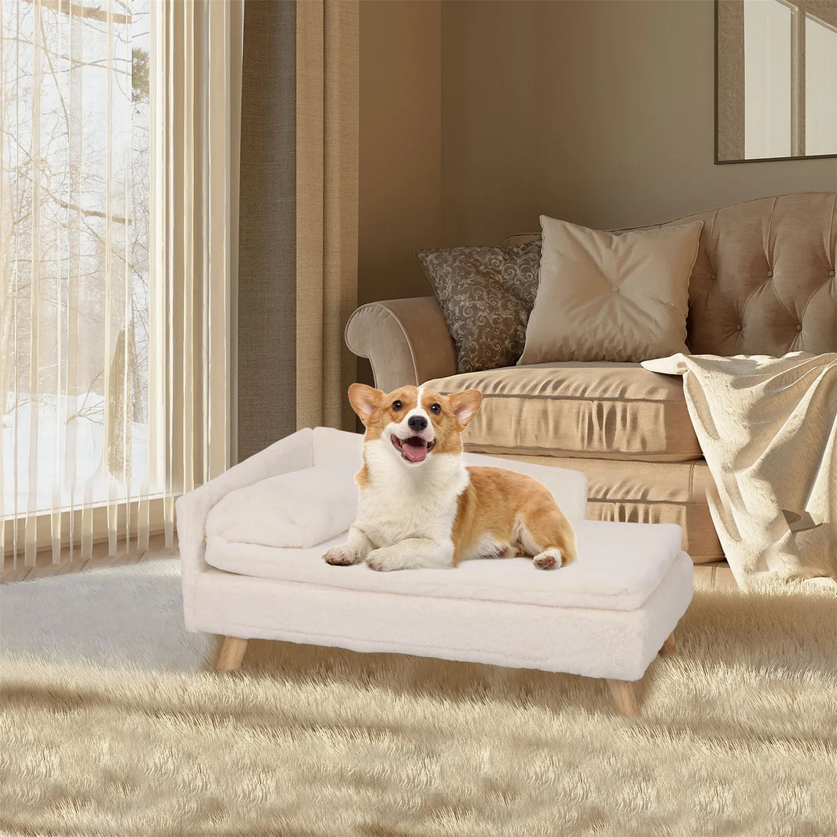 Modern Nordic Wood Frame Pet Sofa Bed – Waterproof L-Shape Couch for Small Dogs & Cats