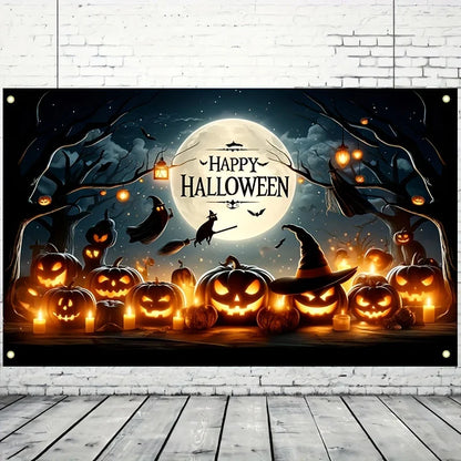 Art Deco Halloween Wall Banner Backdrop with Pumpkins, Witches, and Bats