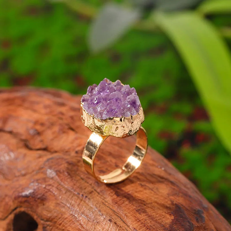 Natural Crystal Reiki Raw Irregular Amethyst Cluster Druzy Adjustable Finger Ring