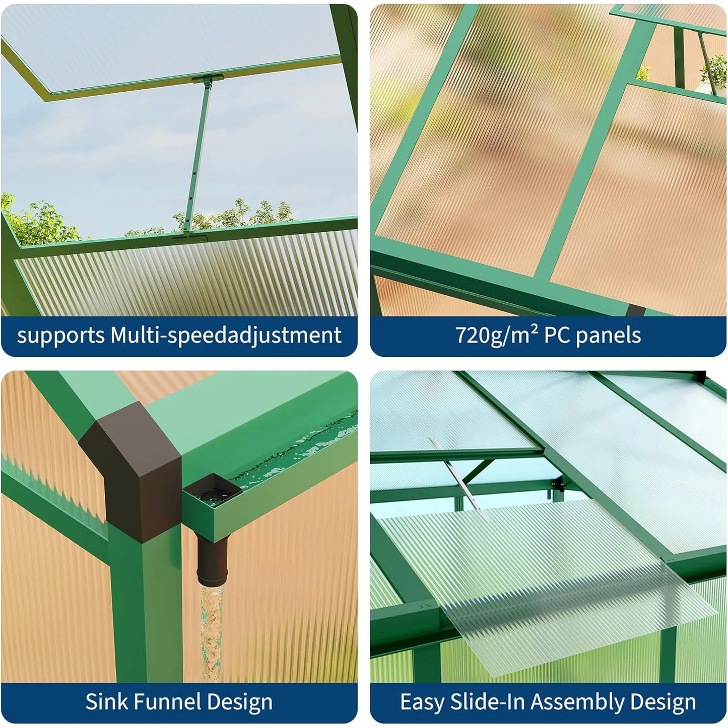 8x10FT Walk-in Polycarbonate Greenhouse with Roof Vent, Ground Nails, Lockable Push Door