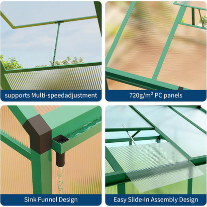 8x10FT Walk-in Polycarbonate Greenhouse with Roof Vent, Ground Nails, Lockable Push Door