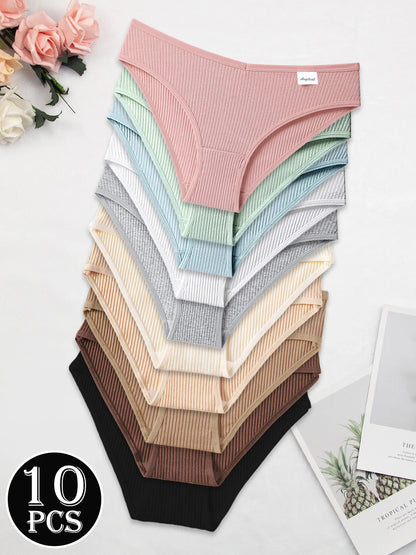 10PCS Pure Cotton Ribbed Briefs