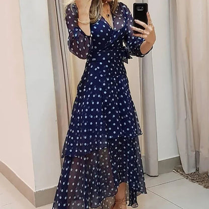 Elegant Dot Printing Dark Blue Pleated Irregular Evening Dress