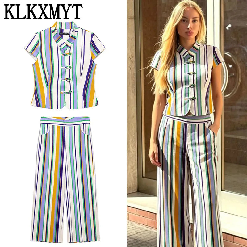 Women's Chic Striped Sleeveless Top & Straight-Leg Trousers 2-Piece Set