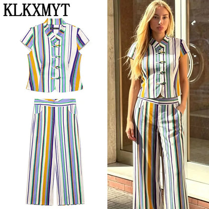 Women's Chic Striped Sleeveless Top & Straight-Leg Trousers 2-Piece Set