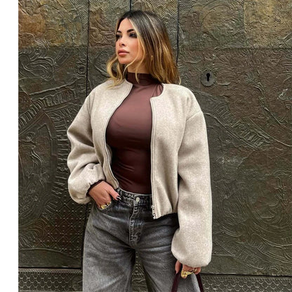 MUJER Women's Casual Cropped Fleece Bomber Jacket