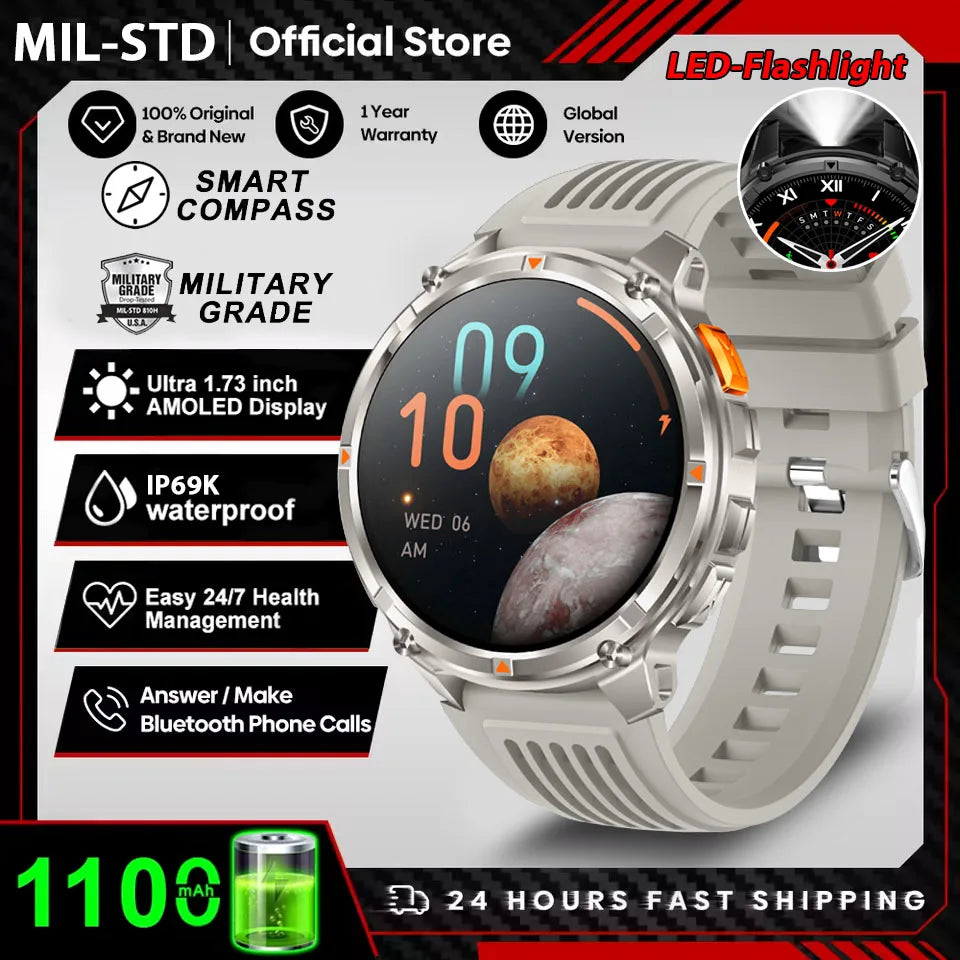 Rugged Outdoor AMOLED GPS Smartwatch with Flashlight