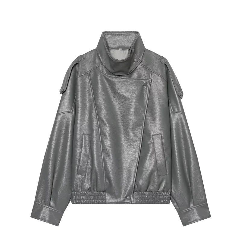 Women's Black Faux Leather Motorcycle Jacket – Long Sleeve Casual Coat
