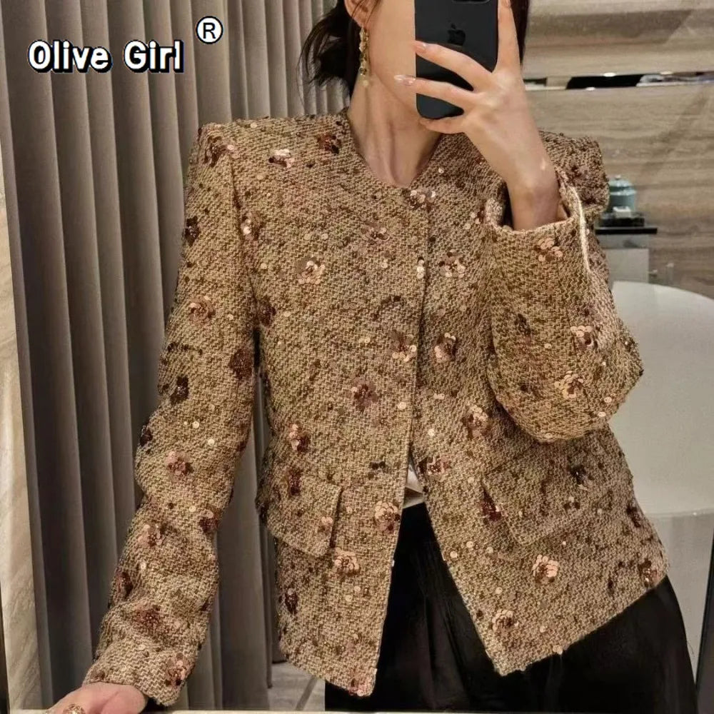 Women's Elegant Sequined Single-Breasted Crop Jacket Coat