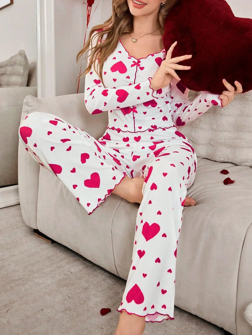Heart Print 2Pces Pajamas Set
